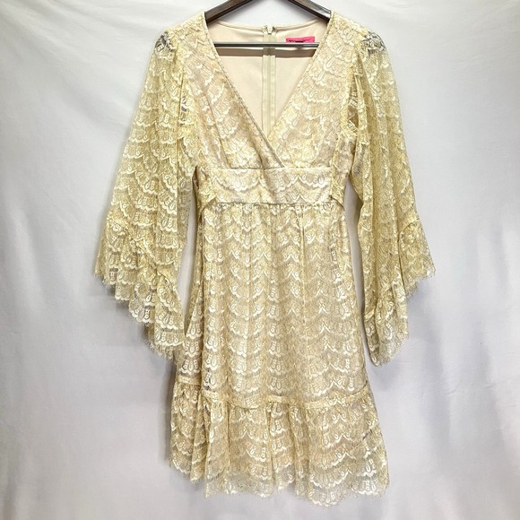 Betsey Johnson Womens Ivory & Gold Chantelle Lace Boho Flare Slv Mini Dress Sz 6 - Picture 3 of 8